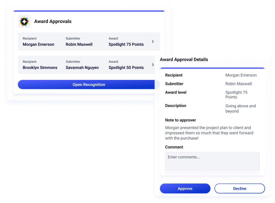 The Award Approvals app gives approvers an easy interface to approve or decline award nominations with an integration to OC Tanner