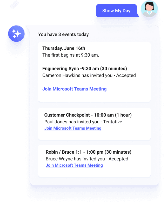 The My Day app provides employees with a quick overview of their daily calendar events with links to open meetings directly.