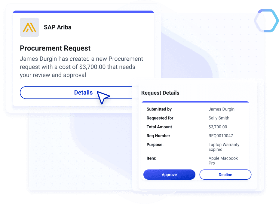 Create a centralized experience for important tasks and information linked directly to the source system. Workgrid integrates with common enterprise systems such as ServiceNow, Concur, and SAP Ariba.