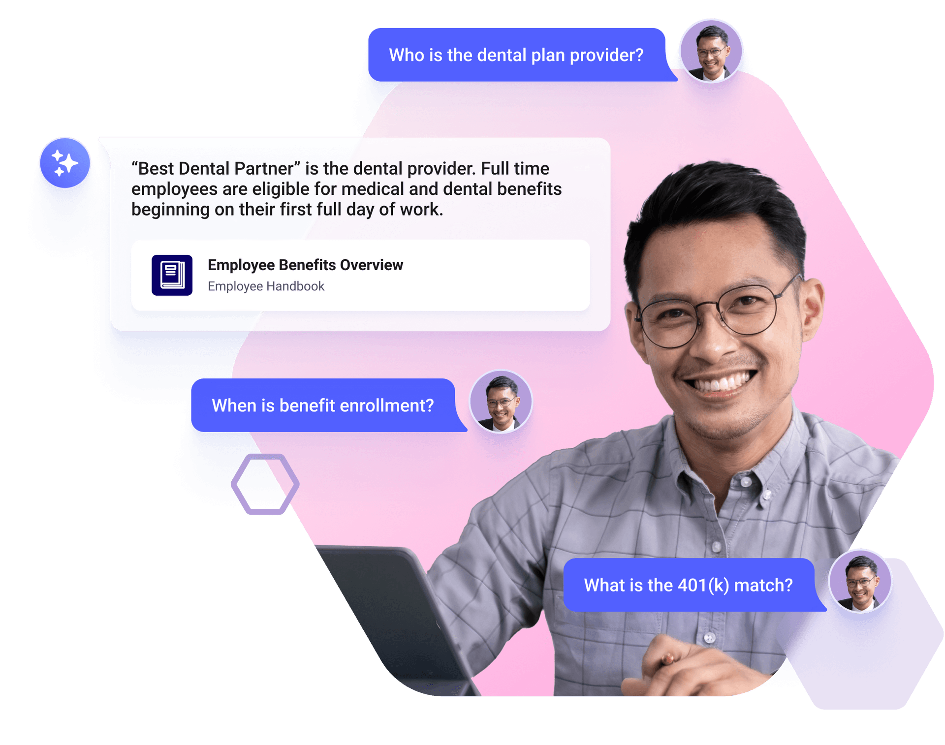 Workgrid's AI Assistant helps employees find information with the chat to documents app. Questions asked through natural language prompts will surface answers directly from company documents.